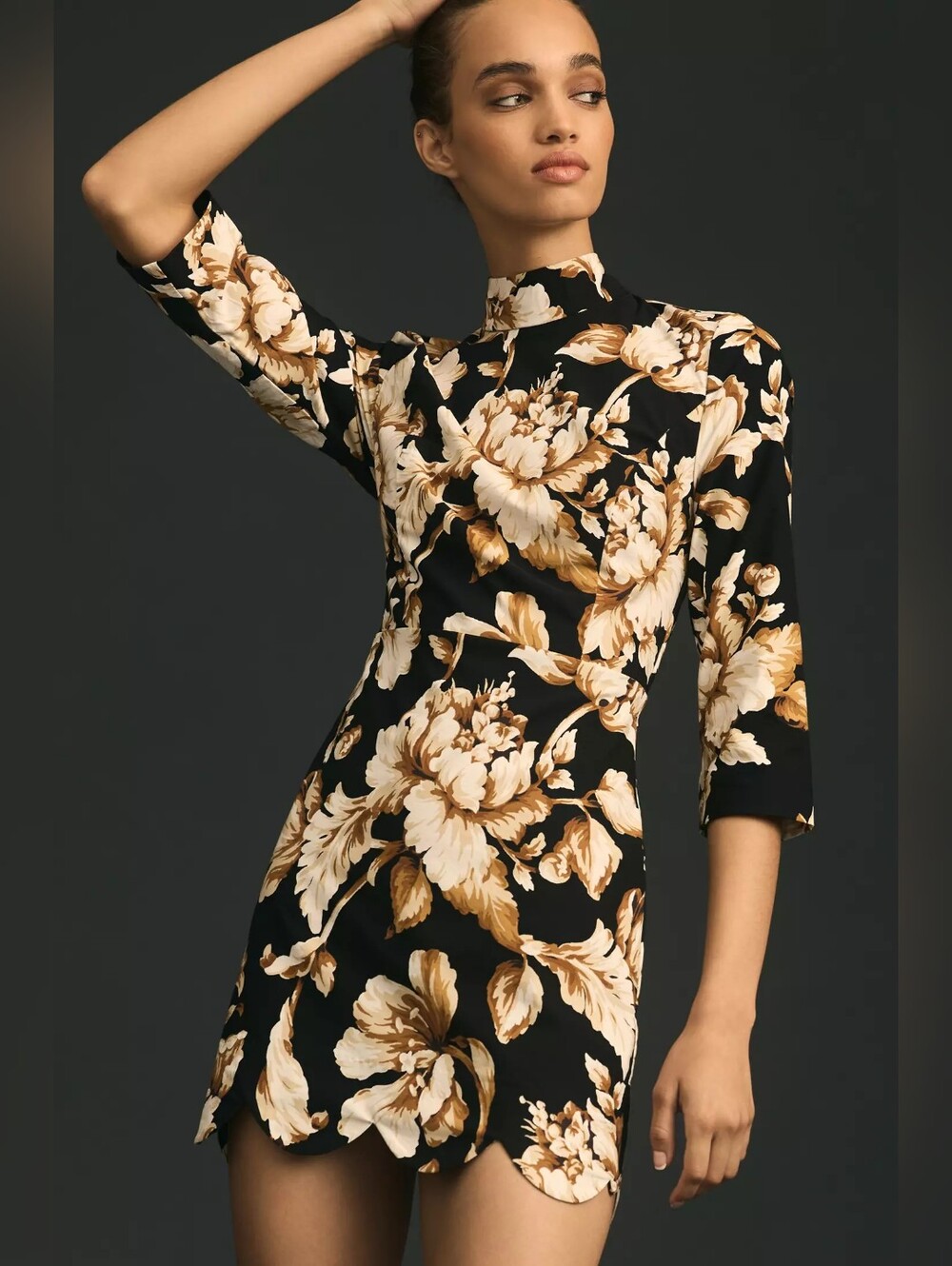 Maeve NWT Women's Mock-Neck Floral Scallop Shift Mini Dress Black Brown Size 12